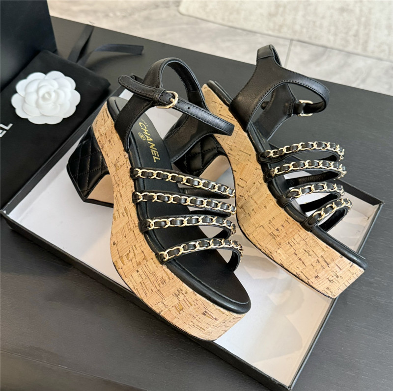 Ch**el leather chain platform sandals black