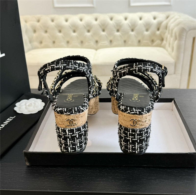 Ch**el tweed chain platform sandals black