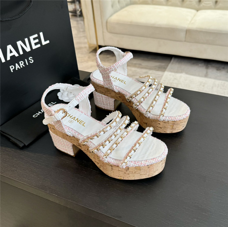 Ch**el tweed chain platform sandals in white