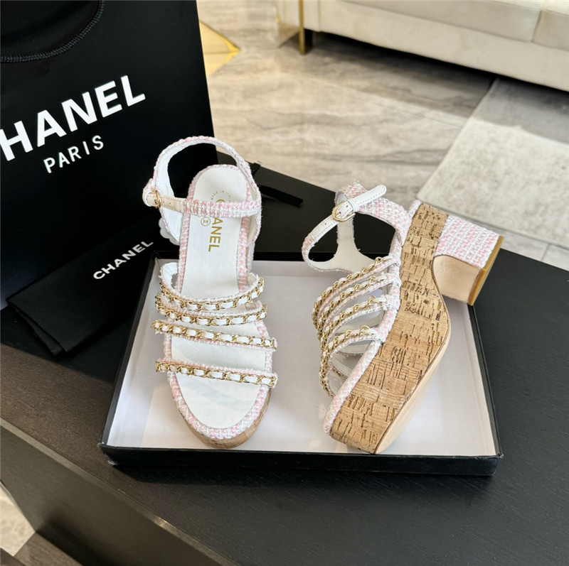 Ch**el tweed chain platform sandals in white