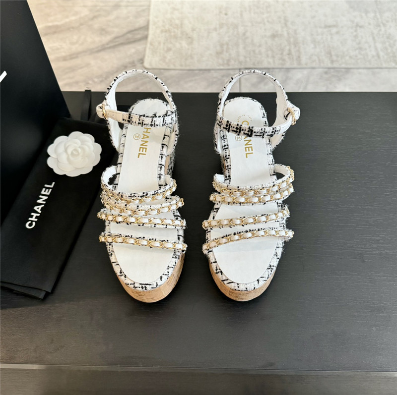 Ch**el tweed chain platform sandals