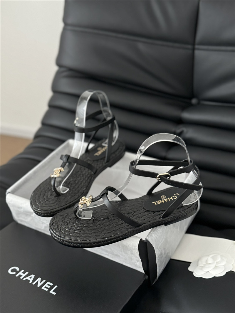 Ch**el black calfskin raffia slingback sandals