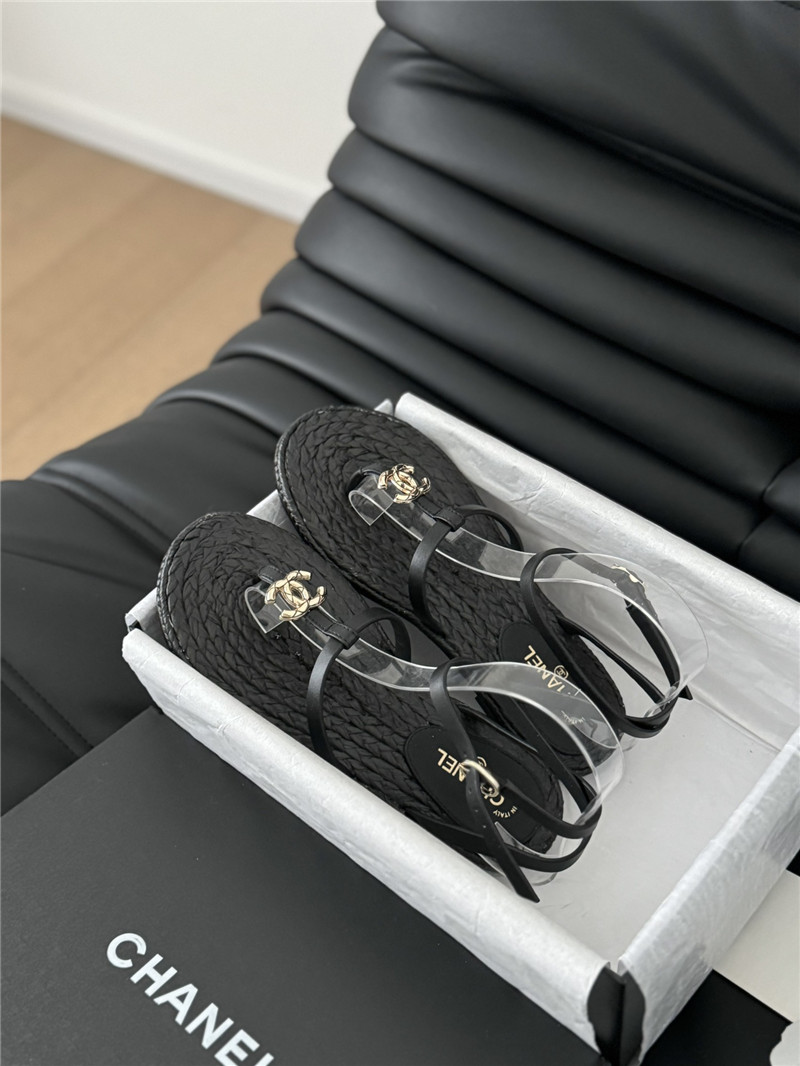 Ch**el black calfskin raffia slingback sandals