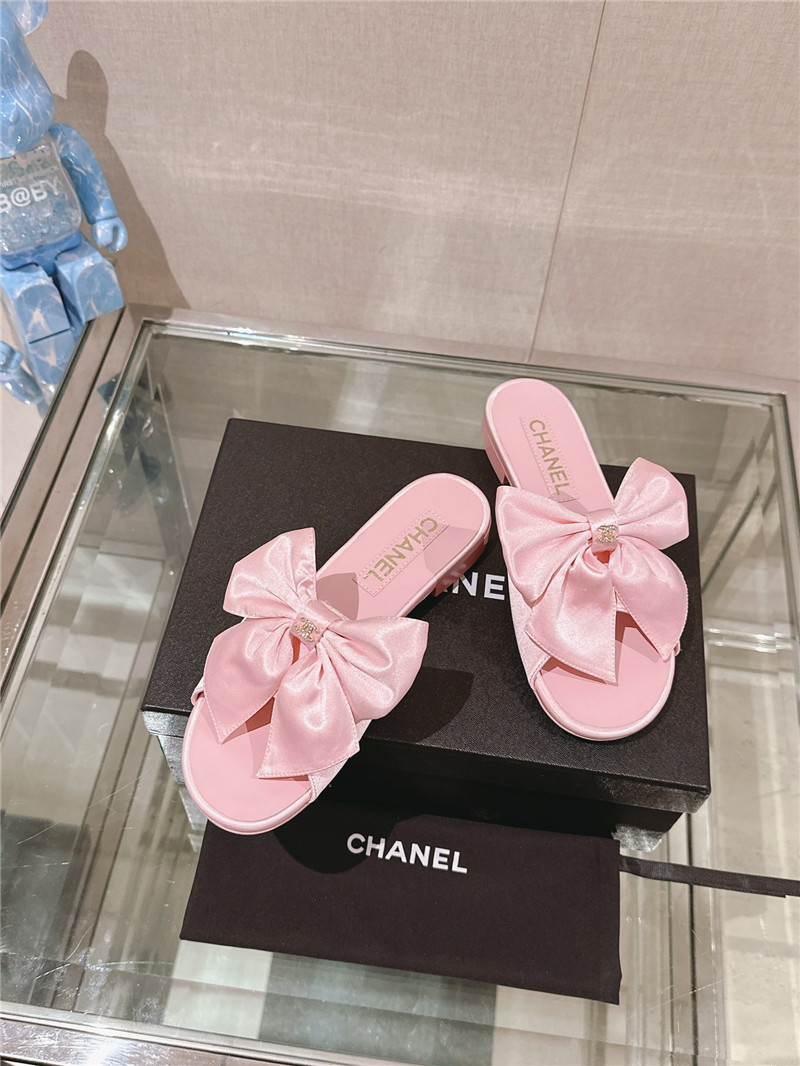 Ch**el flat silk bow leather sandals pink
