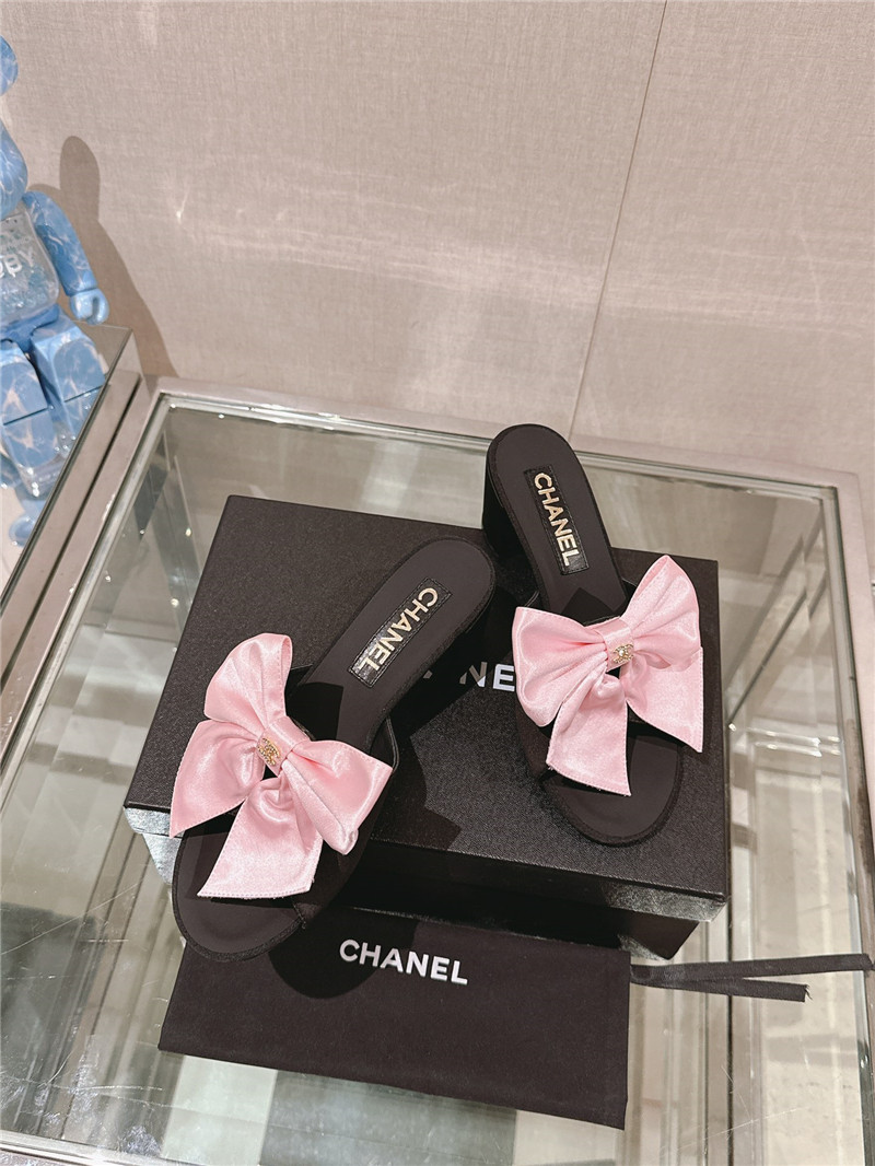 Ch**el chunky heel silk bow leather sandals in pink