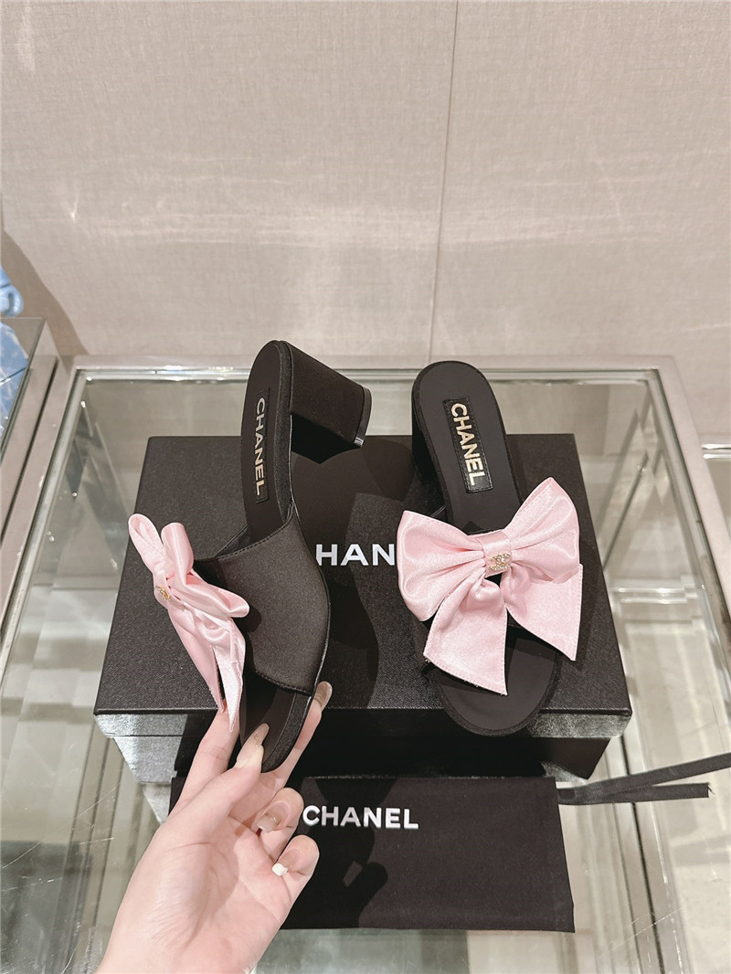 Ch**el chunky heel silk bow leather sandals in pink