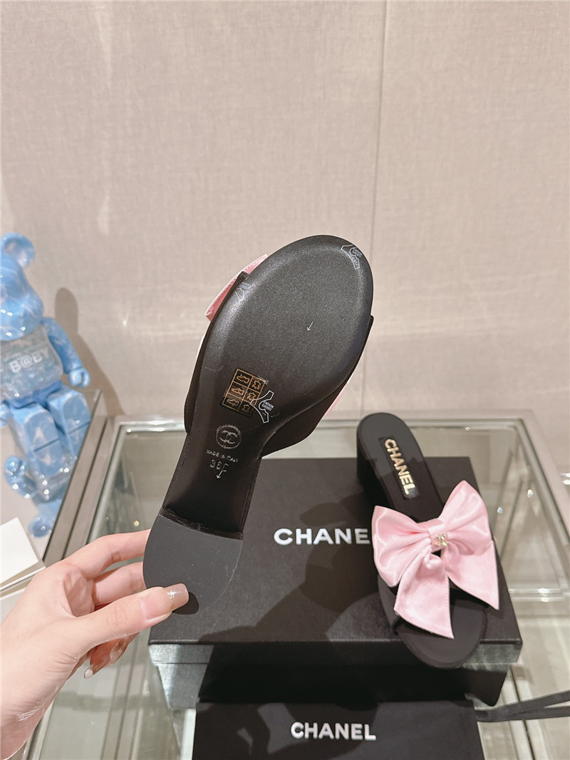 Ch**el chunky heel silk bow leather sandals in pink