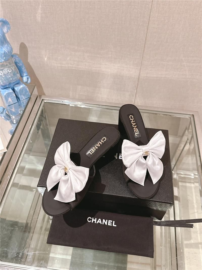 Ch**el chunky heel silk bow leather sandals