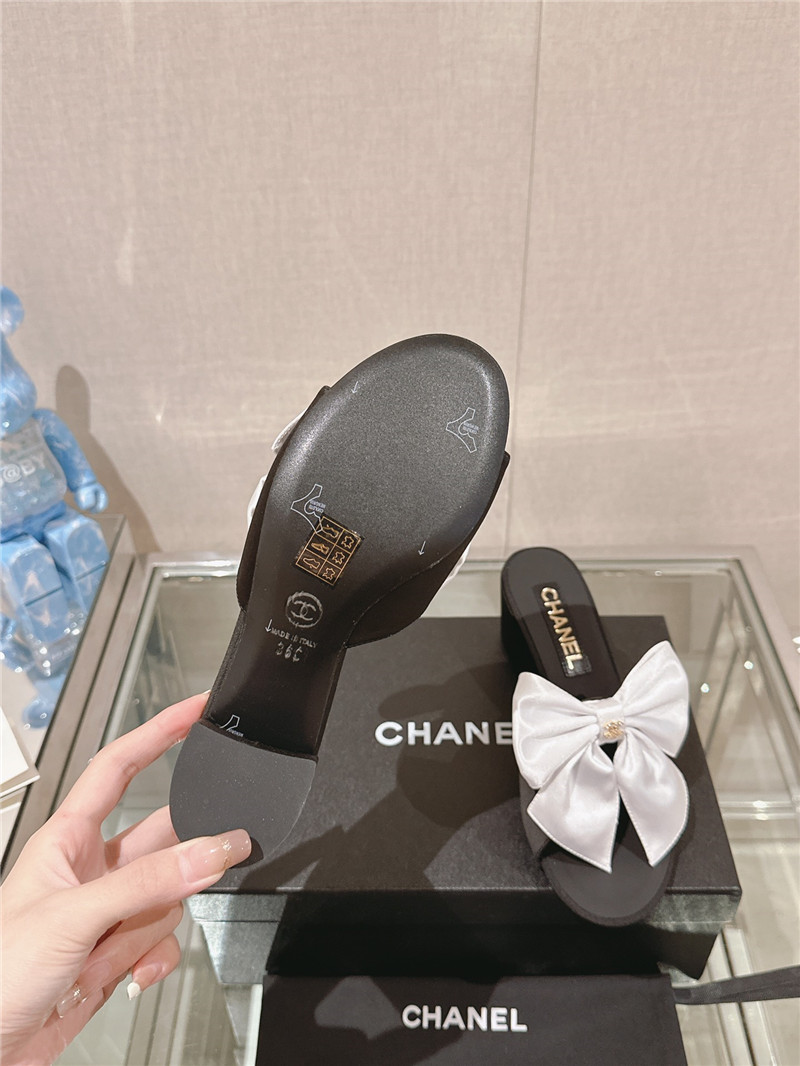 Ch**el chunky heel silk bow leather sandals