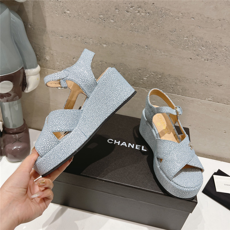 Ch**el open toe platform blue suede sandals
