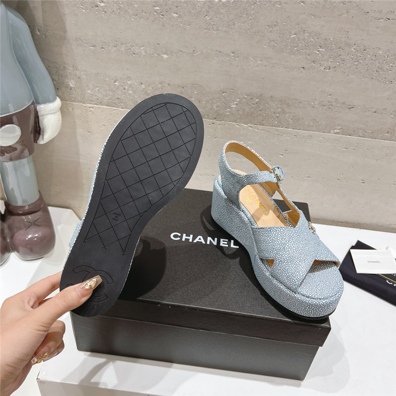 Ch**el open toe platform blue suede sandals