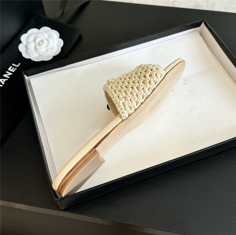 Ch**el logo beige tweed leather flat slides