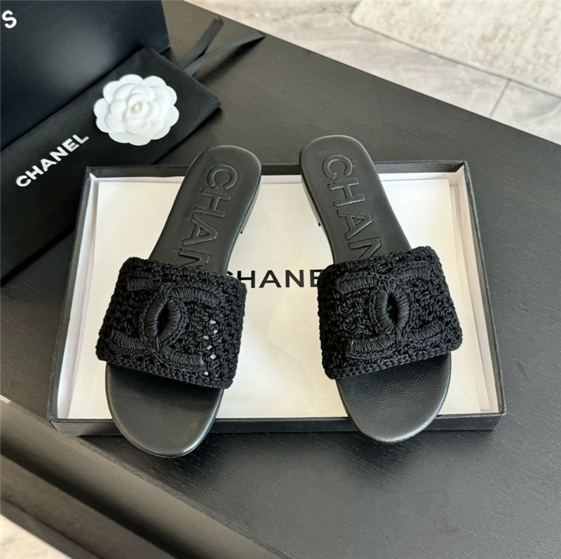 Ch**el logo black tweed leather flat slides