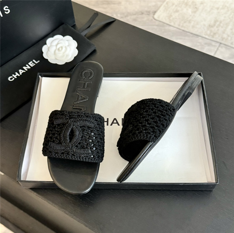 Ch**el logo black tweed leather flat slides