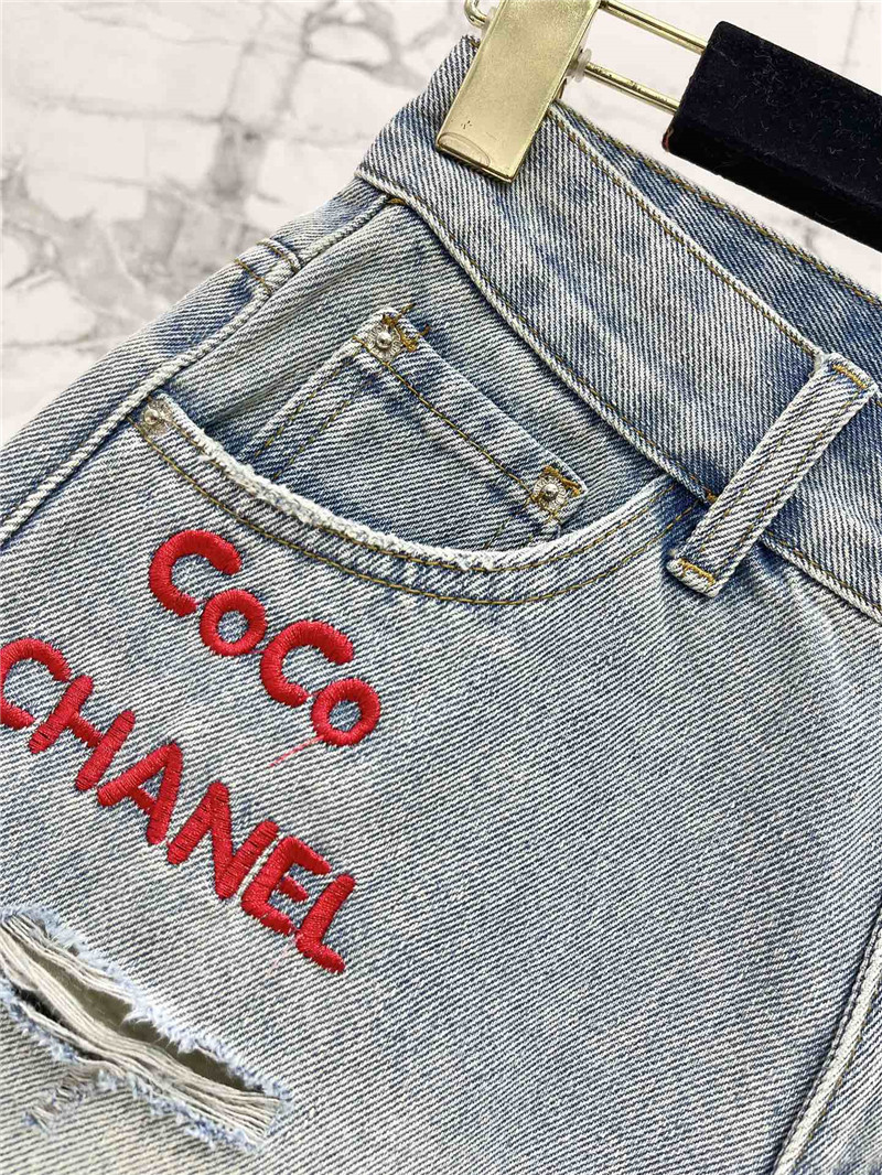 Ch**el two-tone embroidered ripped denim shorts replica clothes