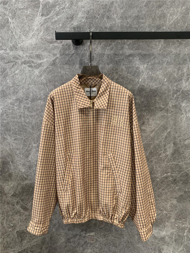 M1um1u contrast color plaid stand collar zipper jacket replicas clothes