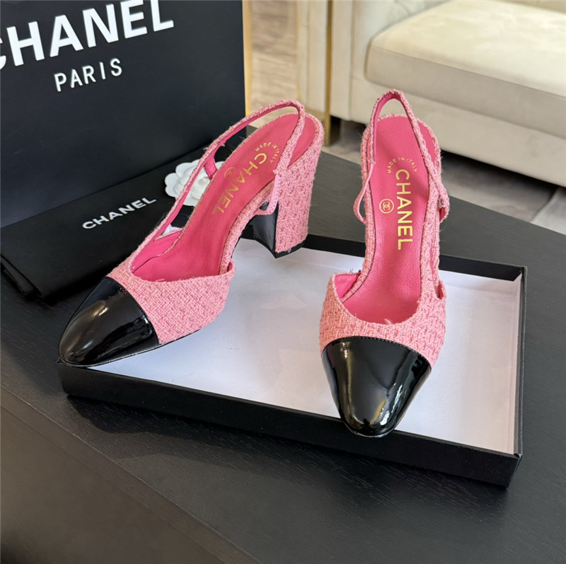 Ch**el slingback sandals in pink tweed and black patent