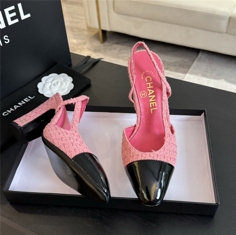 Ch**el slingback sandals in pink tweed and black patent