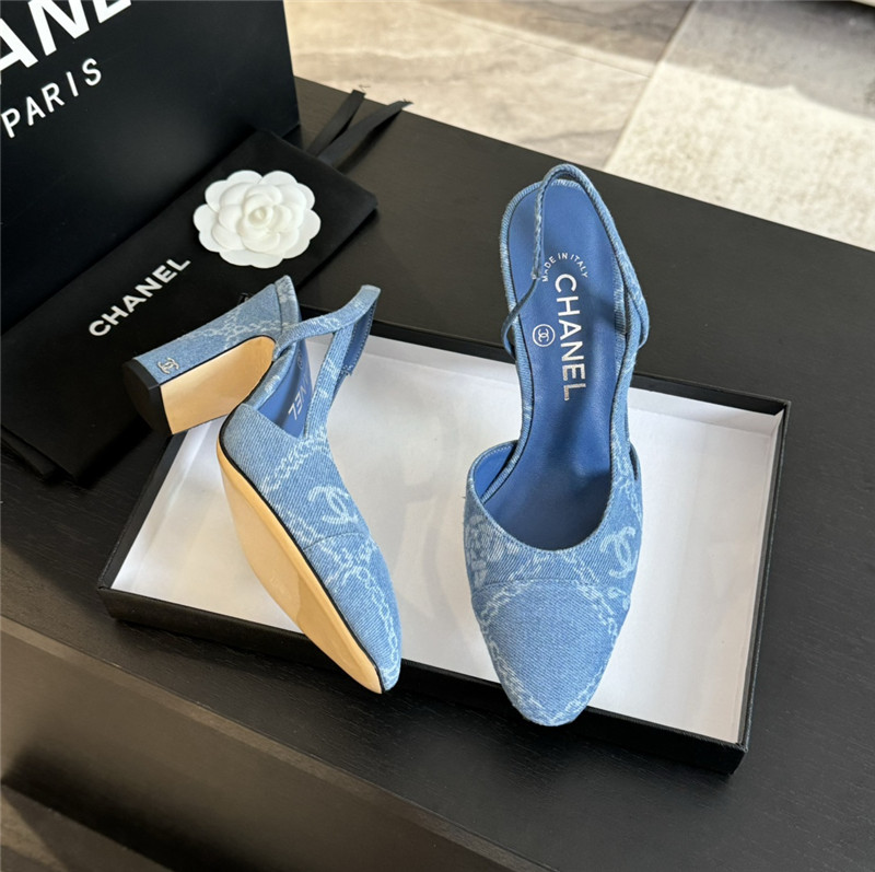 Ch**el slingback sandals in blue printed denim