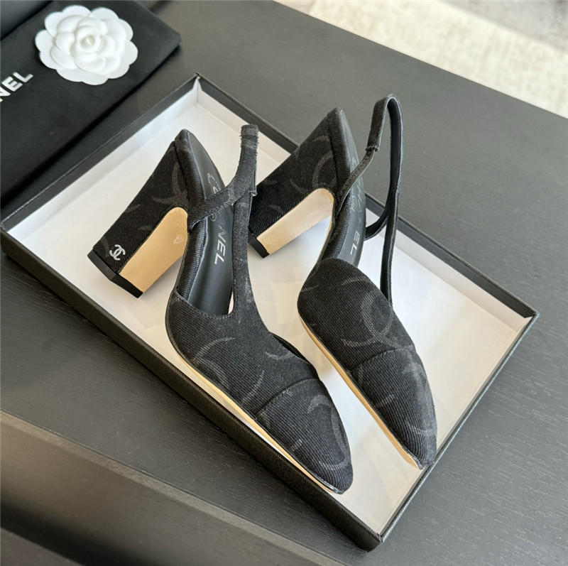 Ch**el slingback sandals in black printed denim