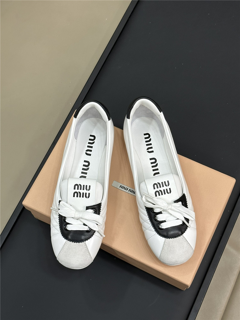 Miu Miu Lace-Up Leather Ballet Flats in White and Black