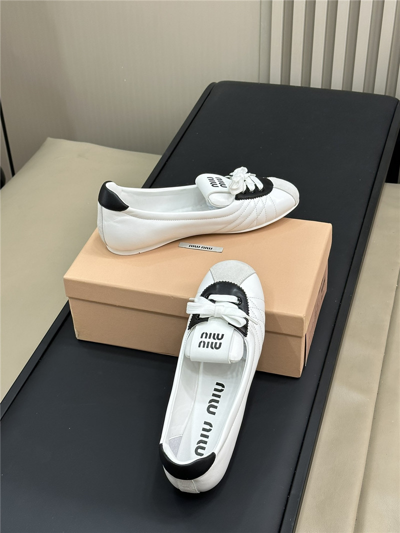 Miu Miu Lace-Up Leather Ballet Flats in White and Black