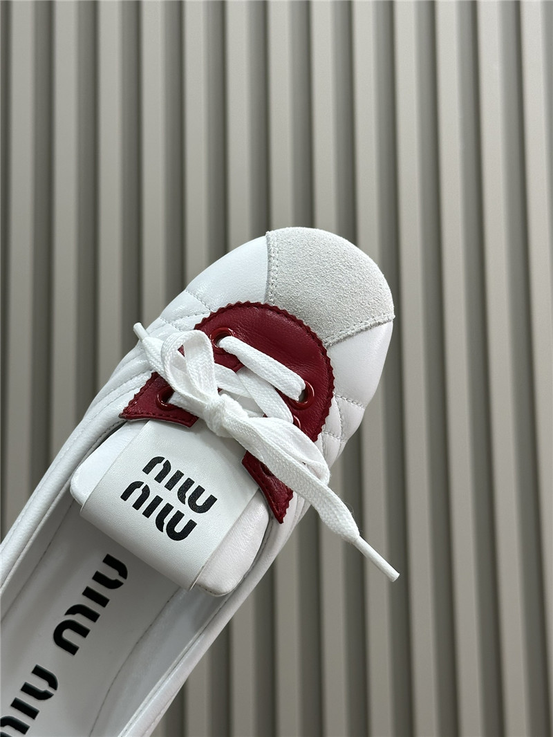 Miu Miu Lace-Up Leather Ballet Flats in White and Red