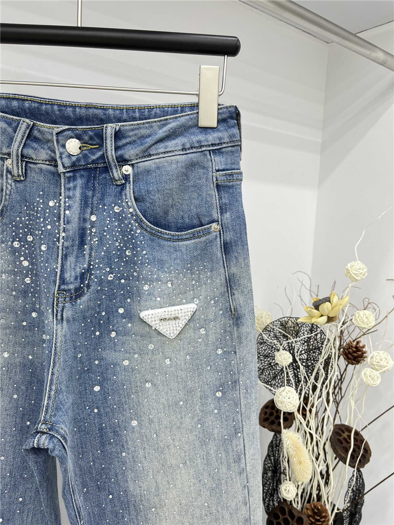 Pra*a classic rhinestone inverted triangle jeans replica clothing