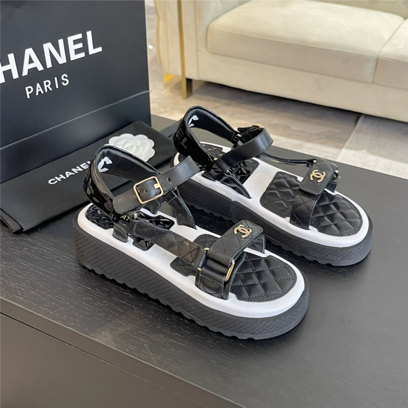 Ch**el quilted beach sandals black and white leather