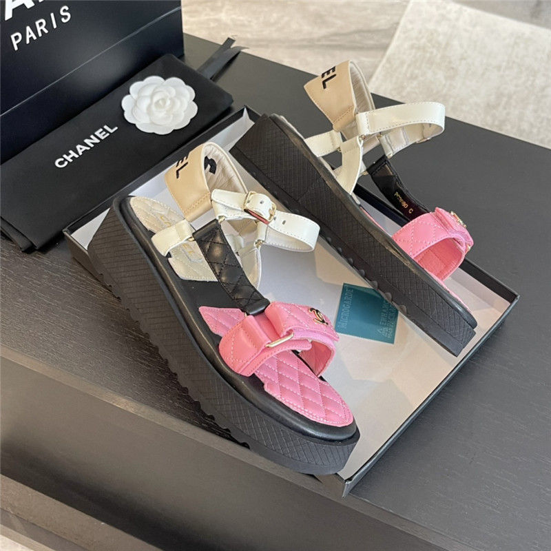 Ch**el quilted beach sandals black and pink leather