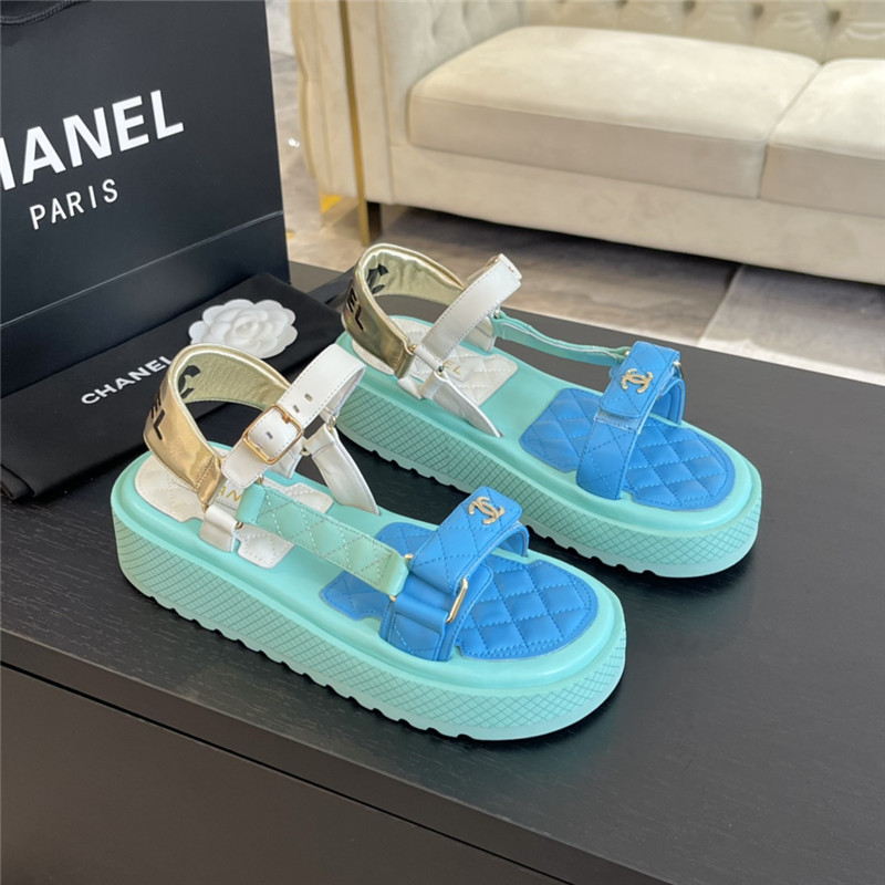 Ch**el quilted beach sandals green and blue leather