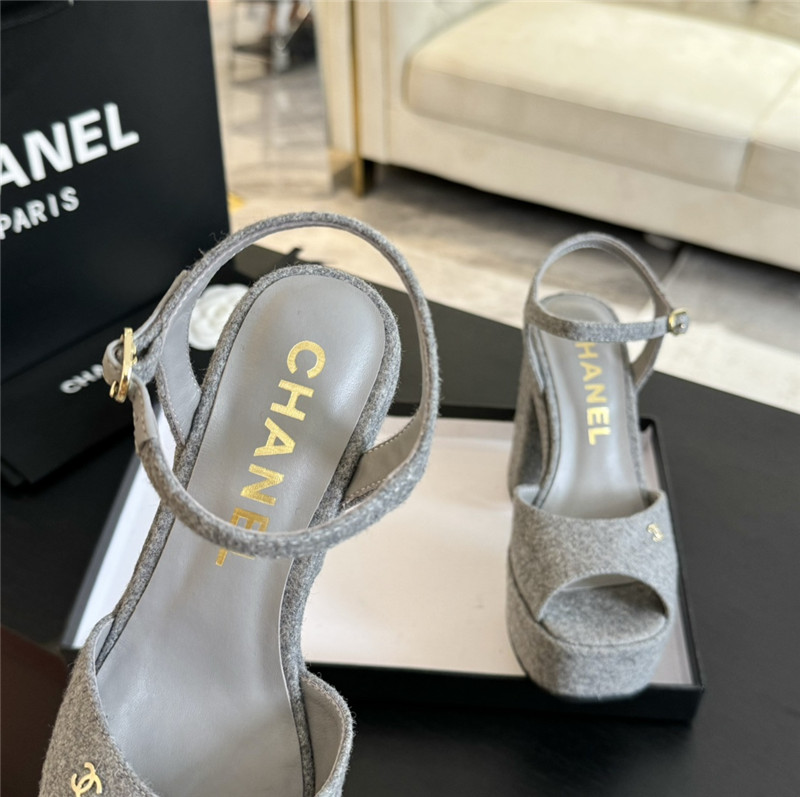 Ch**el grey wool wedge platform sandals