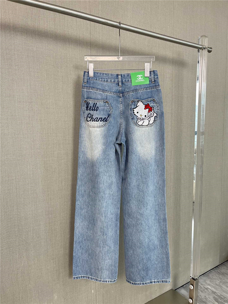 Ch**el cat embroidered ripped jeans replica clothes