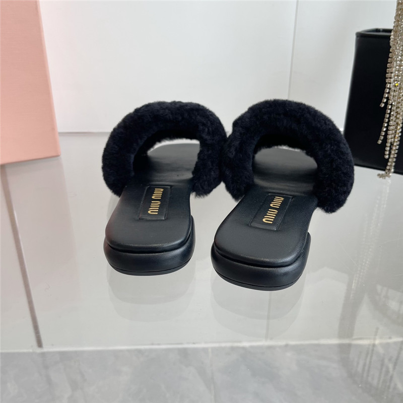 Miu Miu Black Matelassé Fur Slides with Metal Lettering