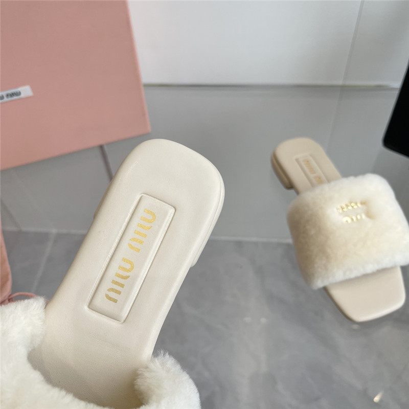 Miu Miu Ivory Matelassé Fur Slides with Metal Lettering