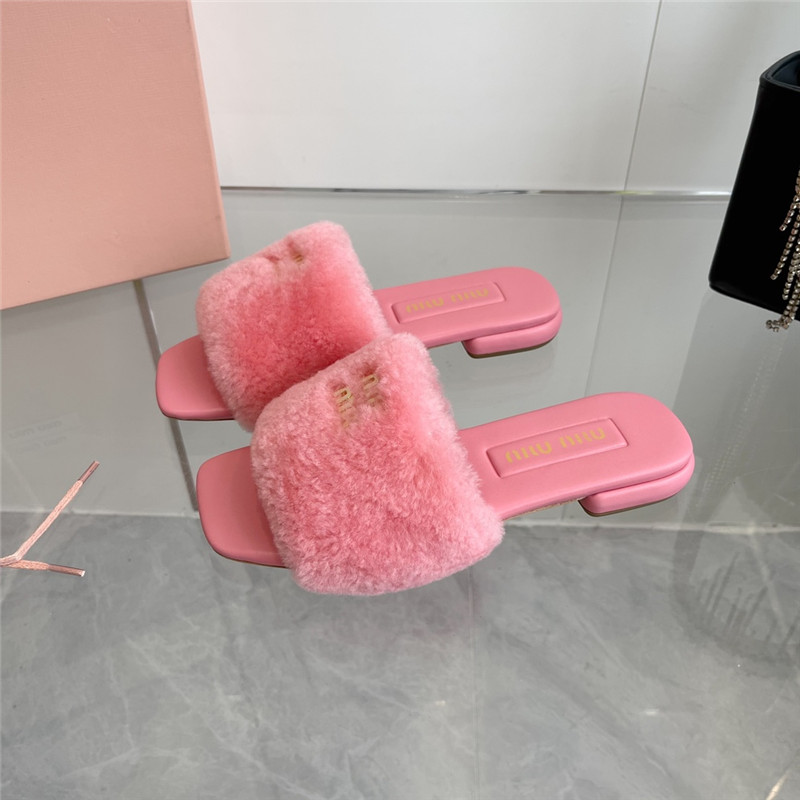 Miu Miu Pink Matelassé Fur Slides with Metal Lettering