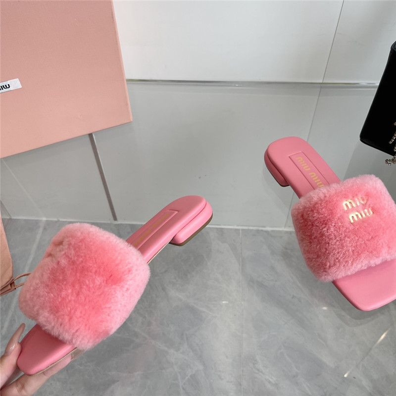 Miu Miu Pink Matelassé Fur Slides with Metal Lettering