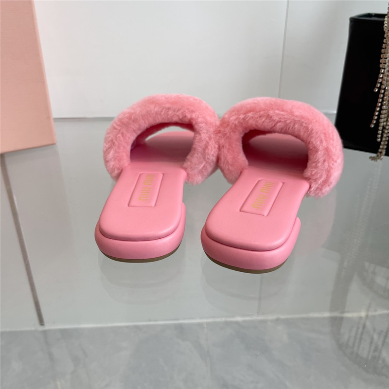 Miu Miu Pink Matelassé Fur Slides with Metal Lettering