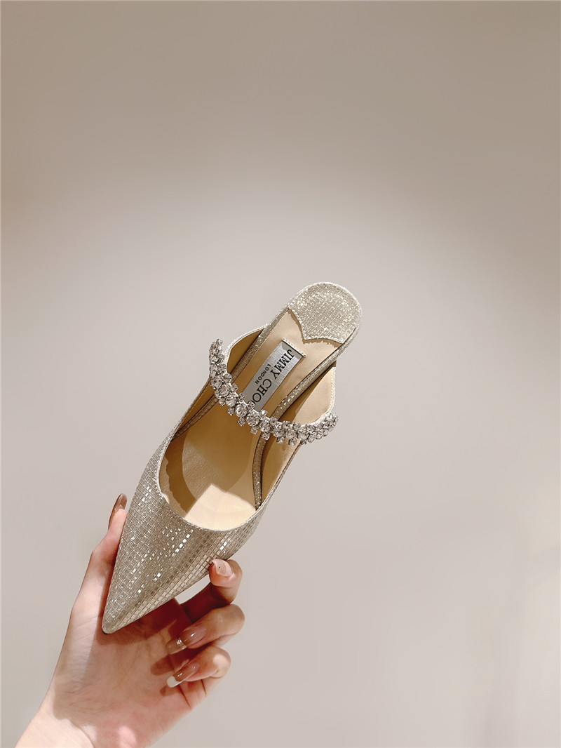 J1m*y Ch00 bing 100 champagne glitter mules with crystal