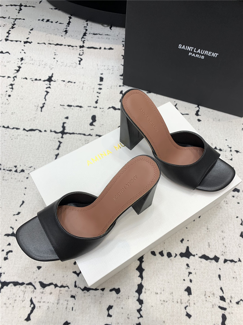 Amina Muaddi Brigitte Black Leather Block Heel Slippers
