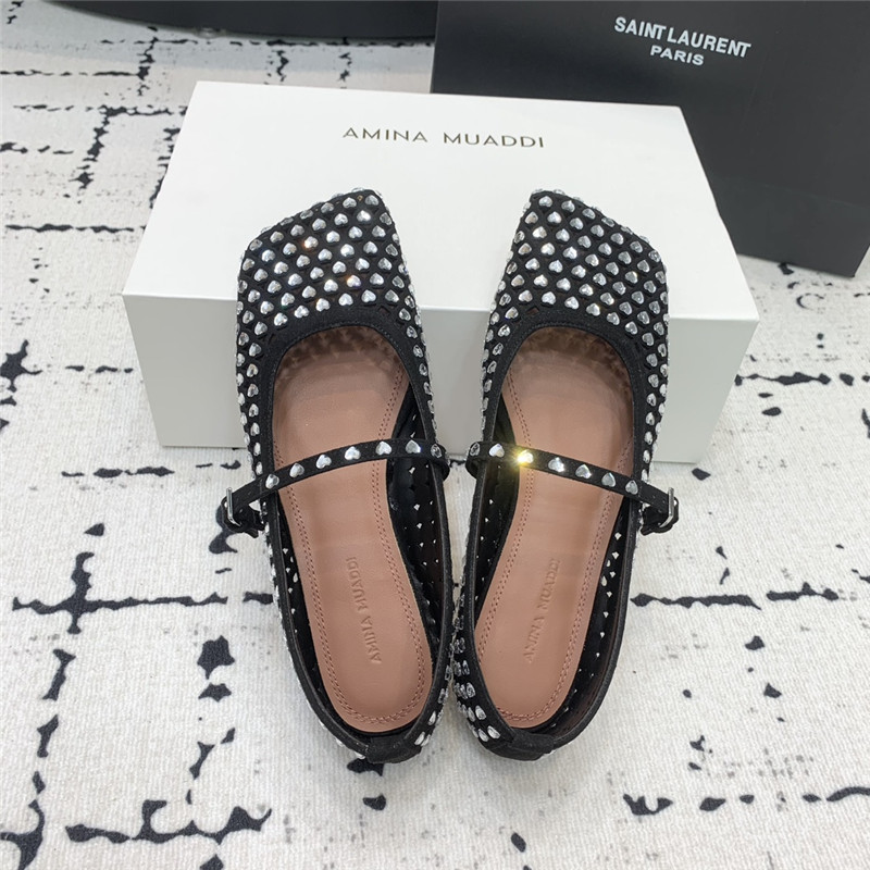 Amina Muaddi ANE Crystal Heart Flats Black