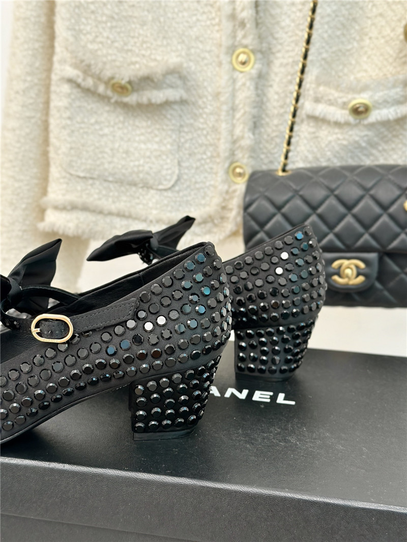 Ch**el bow mary jane sandals in black satin and studs