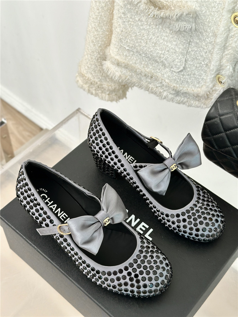 Ch**el bow mary jane sandals grey satin with studs