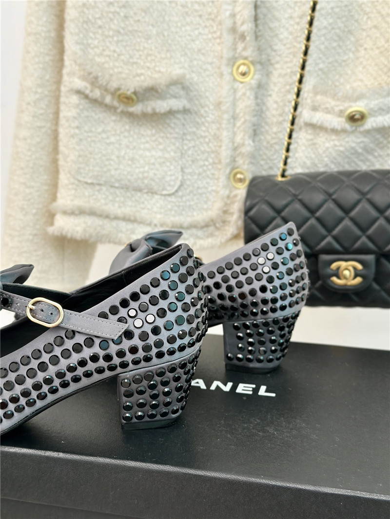 Ch**el bow mary jane sandals grey satin with studs