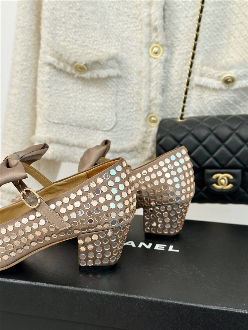 Ch**el bow mary jane sandals beige satin with studs