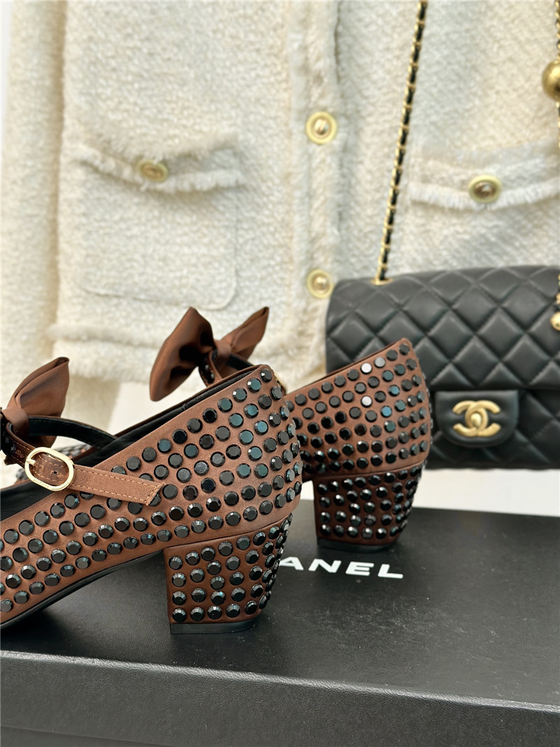 Ch**el bow mary jane sandals brown satin with studs