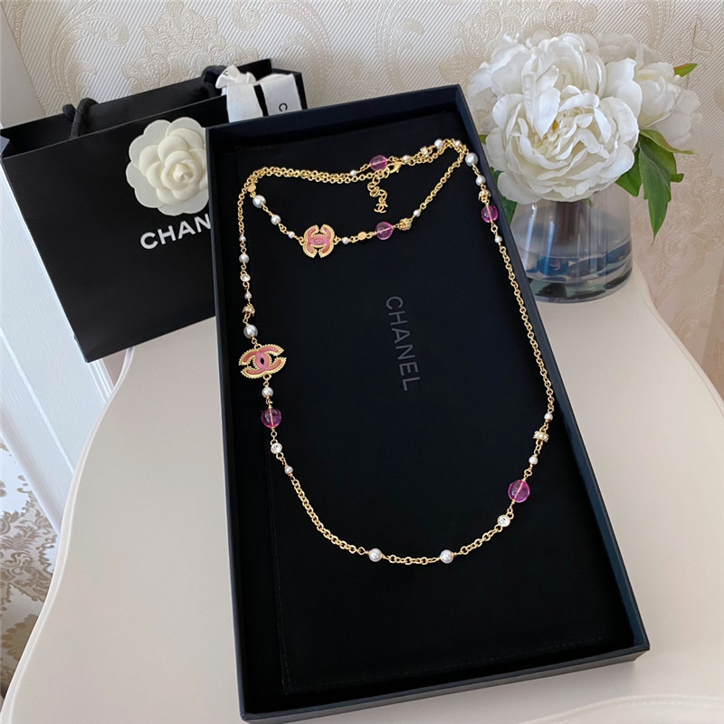 Ch**el pink crystal glass double c pearl long necklace
