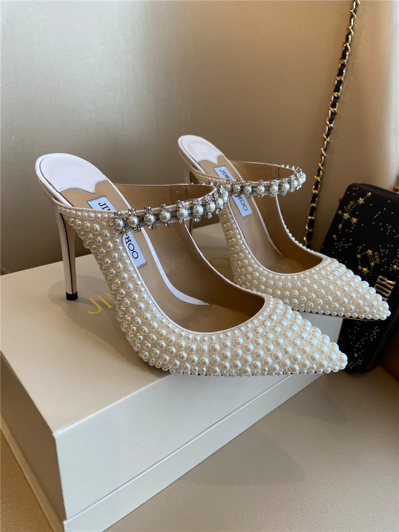 J1m*y Ch00 bing 100 white patent mules with all-over pearls