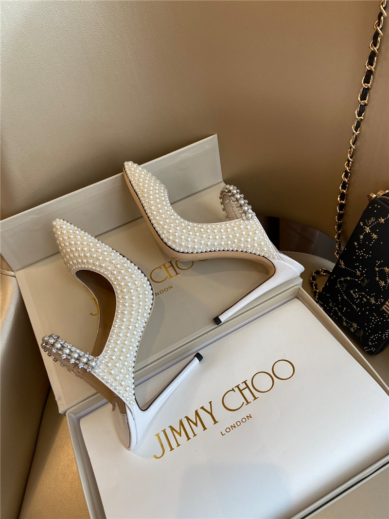 J1m*y Ch00 bing 100 white patent mules with all-over pearls