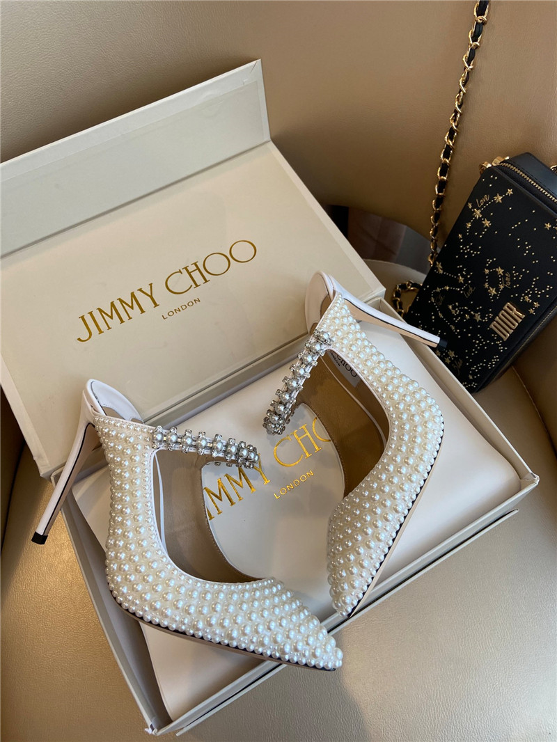 J1m*y Ch00 bing 100 white patent mules with all-over pearls